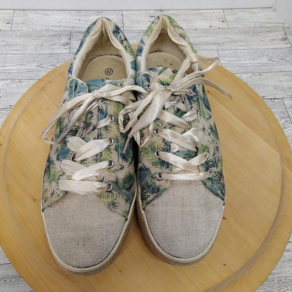 Tropical‎ Espadrille Sneakers Palm Print Glitter Toe Ribbon Lace Womens 11 Green
